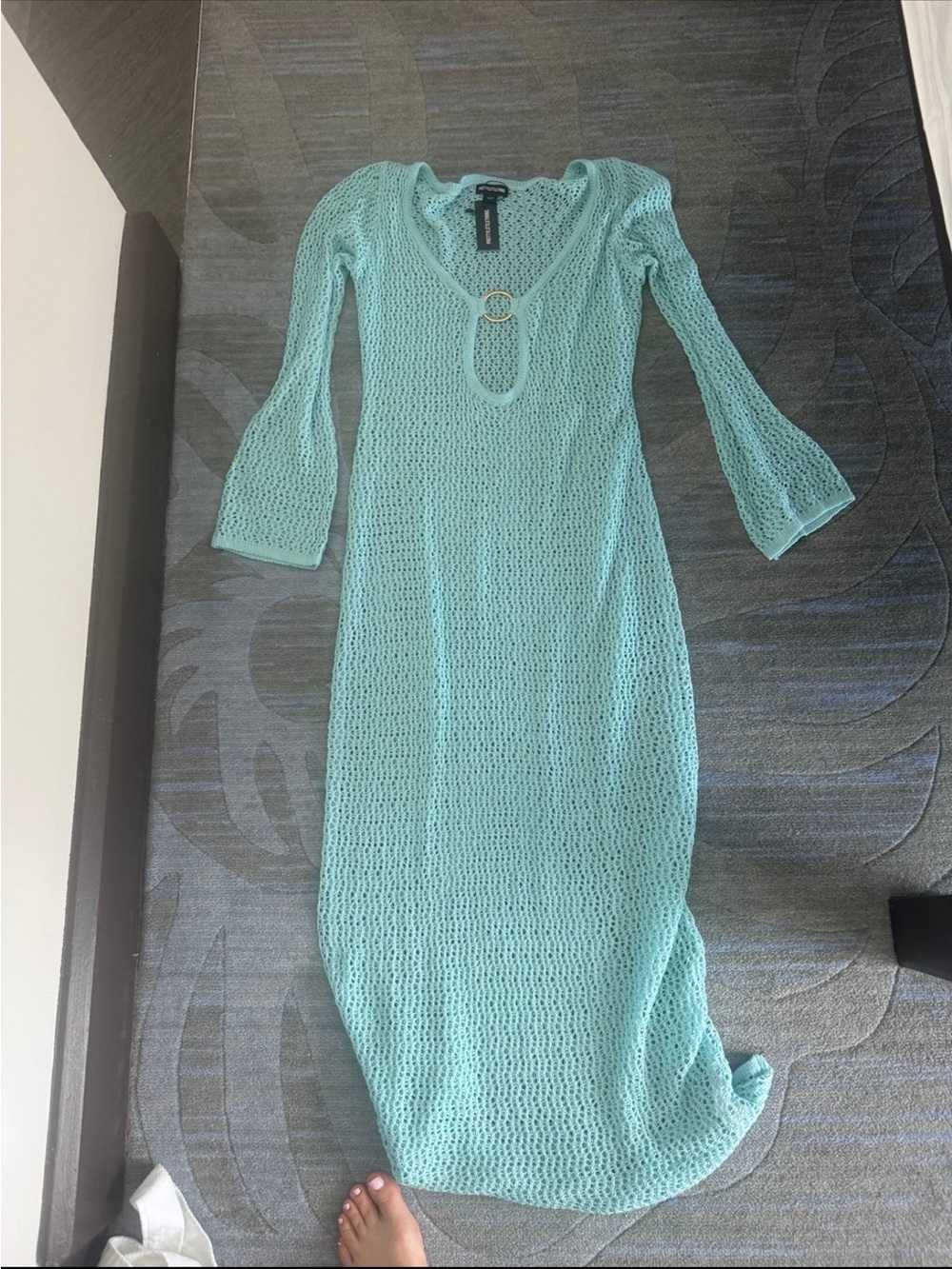 Sheer Mint Crochet Maxi Dress with Ring Detail - Picture 4 of 4